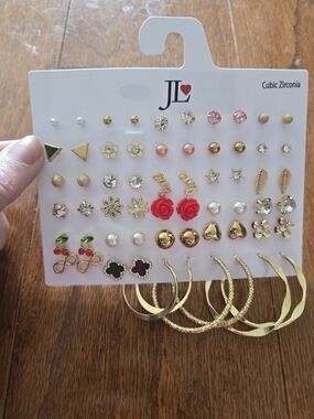 30 Pair Gold Tone and Red Mixed Stud & Hoop Earring Set - Women Jewelry